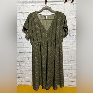 Isabel Maternity Olive Green Dress with Polka Dots, Short Sleeve, Size Medium